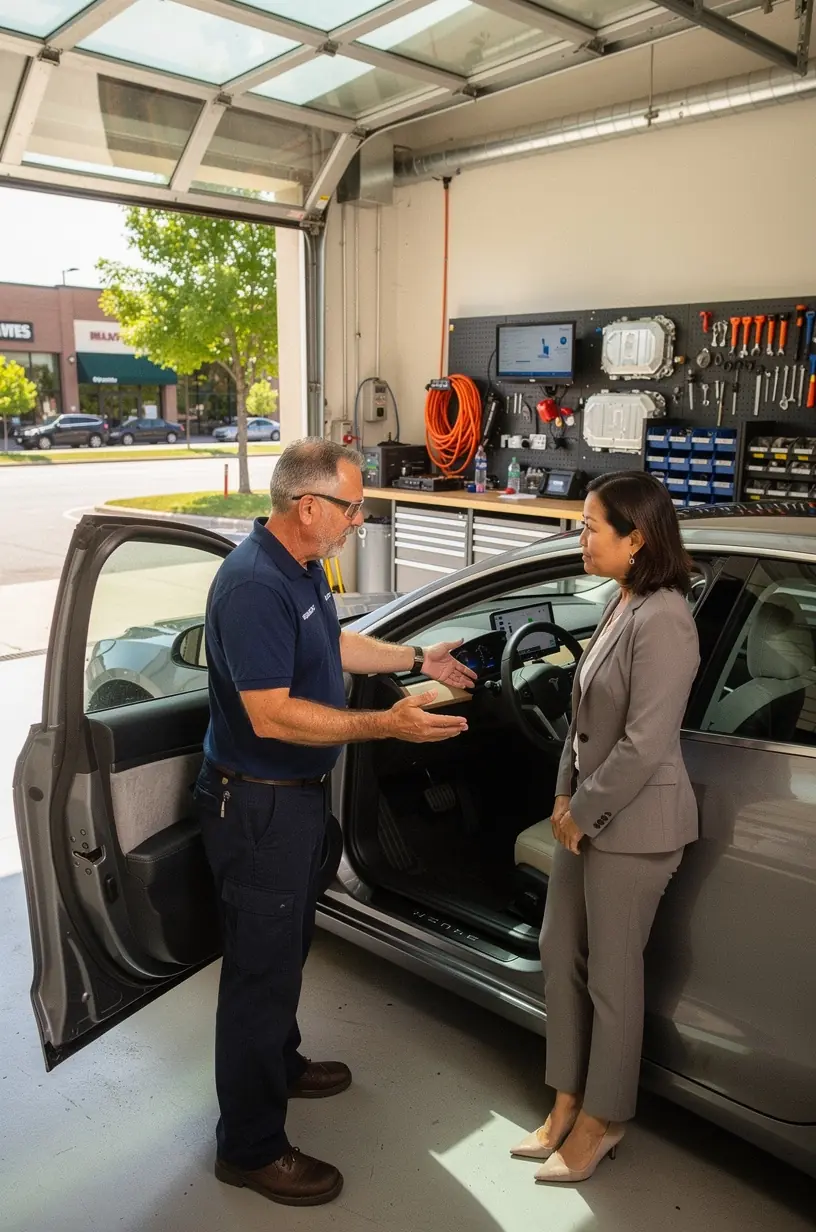 Electric vehicle charging station with a hybrid car being serviced in a professional workshop environment.